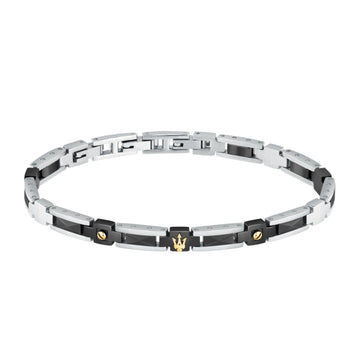 Ανδρικό βραχιόλι Maserati JM423ATZ30 από ανοξείδωτο ατσάλι και κεραμικό, με ασημί-μαύρο χρώμα και χρυσά στοιχεία.